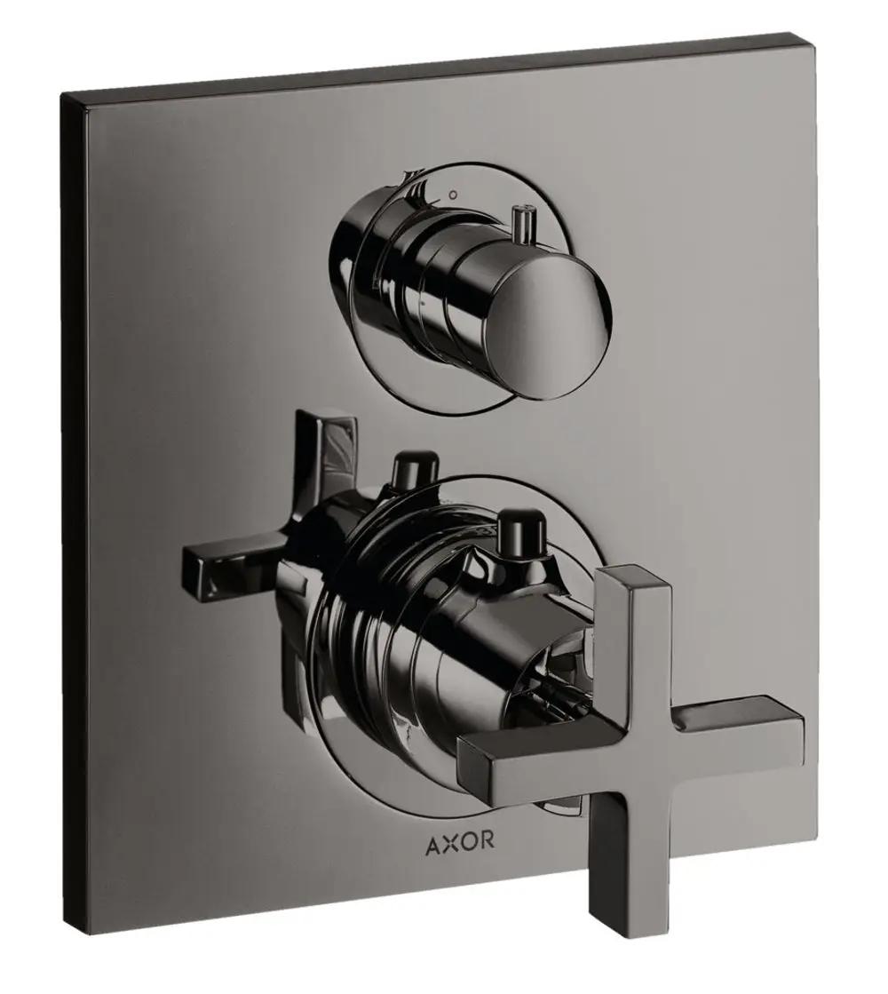 Thermostat-Unterputz mit Ab- und Umstellventil in Polished Black Chrome von AXOR. Enthält zwei Bedienelemente und eine Kreuzgriffsteuerung.